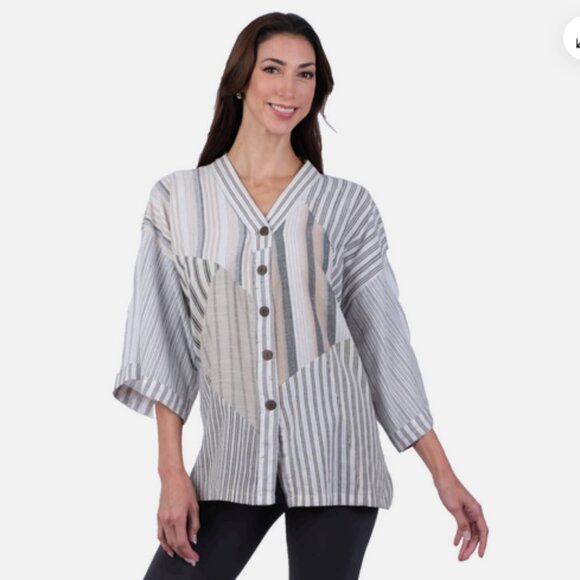 SACRED THREADS striped patch funky hippy button kimono TOP BLOUSE 1X - Picture 1 of 4